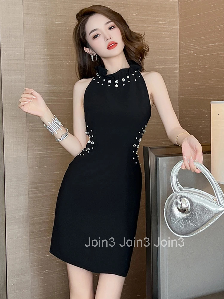 Fashion Summer Evening Short Dress Women Luxury Diamonds Black Chic Hollow Sexy Sleeveless Slim Mini Party Prom Mujer Vestidos