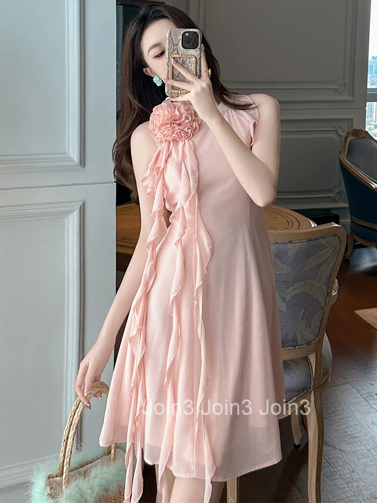 New Summer Fashion Pink Chiffon Evening Dress Women Clothes Elegant Sweet Flower Sleeveless Slim Short A-Line Party Prom Vestido