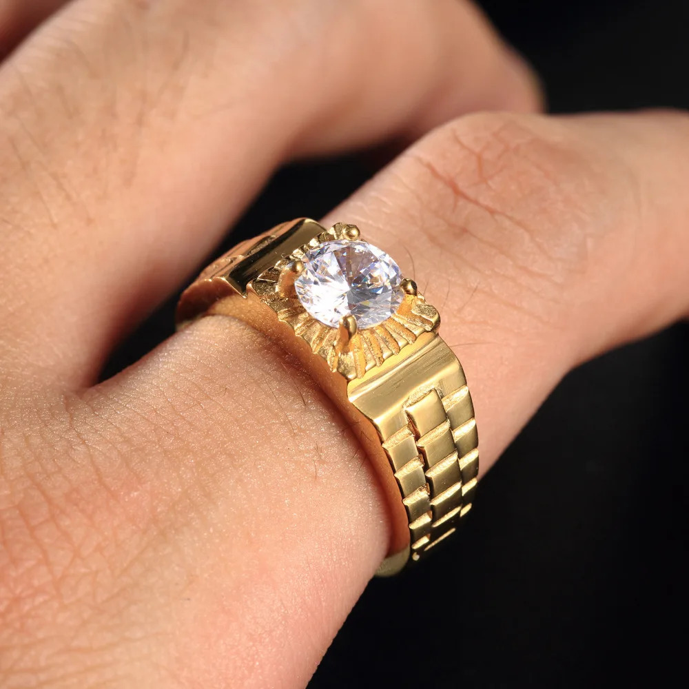 Fine Pure Yellow Gold Color Ring Solitaire 1ct Cubic Zircon Wedding Band No Faded Stainless Steel Rings For Women Accessories 250617