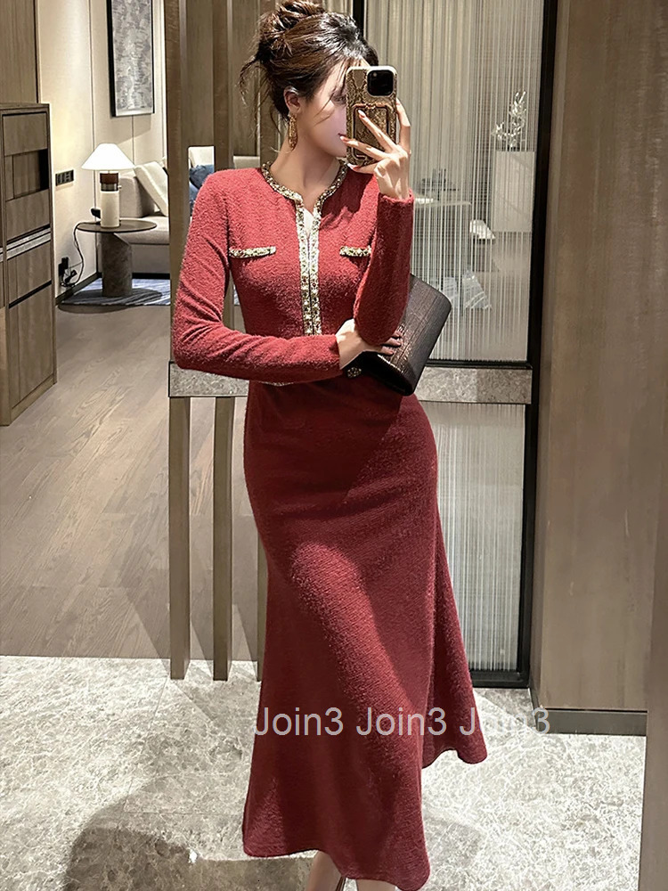 Women Clothes Retro Diamonds V-Neck Slim Midi Fishtail Dress Elegant Luxury Fashion Evening Party Prom Vestidos Robe Casual New