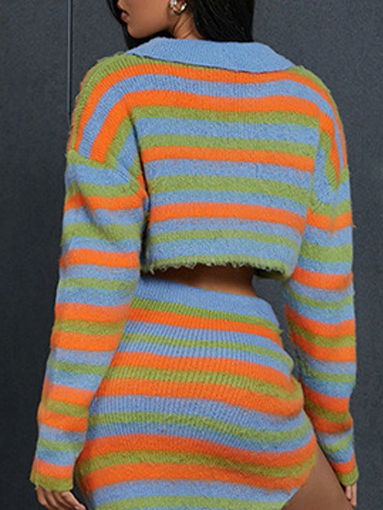 Womens striped color blocked lapel zipper cardigan slit knitted cardigan short and sexy cardigan 250619