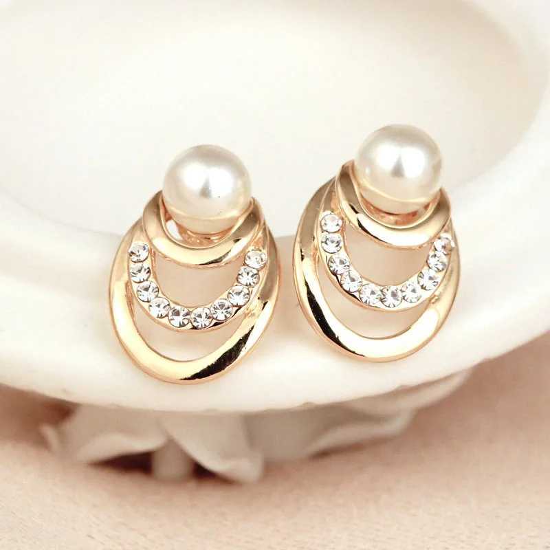 Korean Design Crystal Imitation Pearl Stud Earrings For Women Elegant Multi-layer Circles Gold Color Fashion Jewelry XJ250623