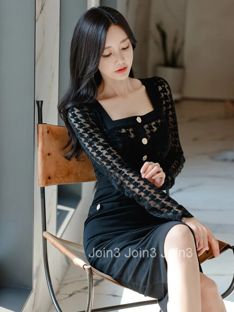 Fashion Korean Style Women Retro Sexy Square Collar Perspective Hollow Midi Party Club Dress OL Elegant Temperament Split Dress
