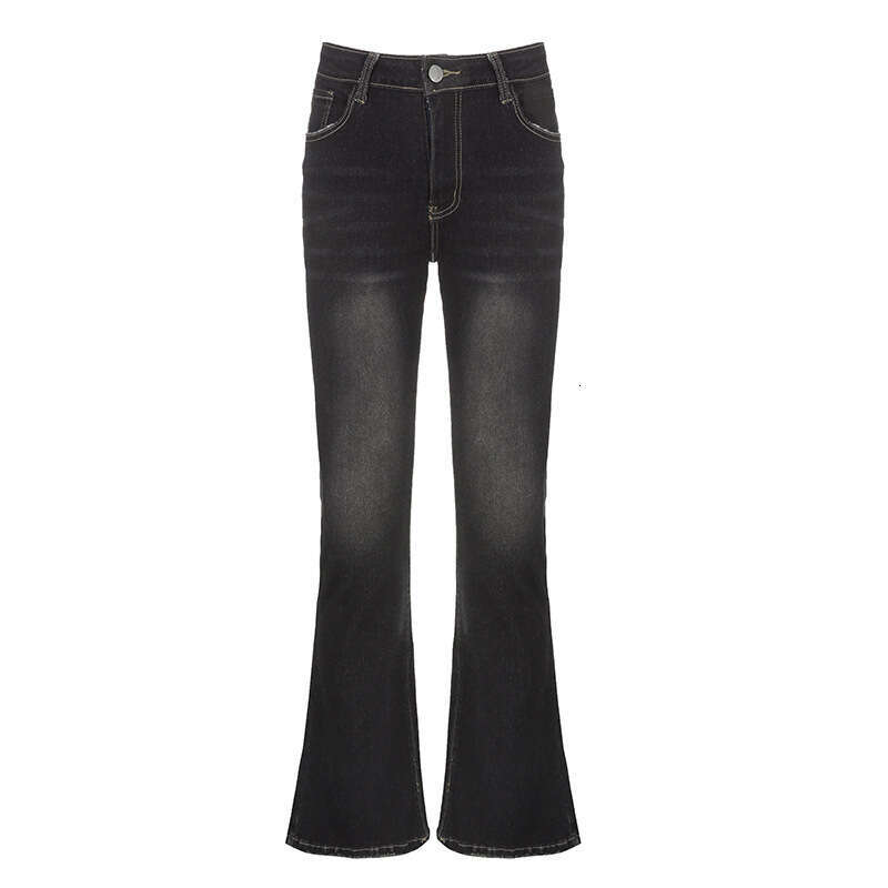 Unique American Style Workwear Pocket Denim Flared Washed Vintage Design Low Waist Hot Girl Casual Long Pants B5