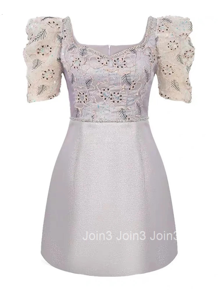 Summer French Elegant Luxury Sparkly Birthday Evening Dress Women Clothes Sweet Square Neck Slim A-Line Short Party Prom Vestido