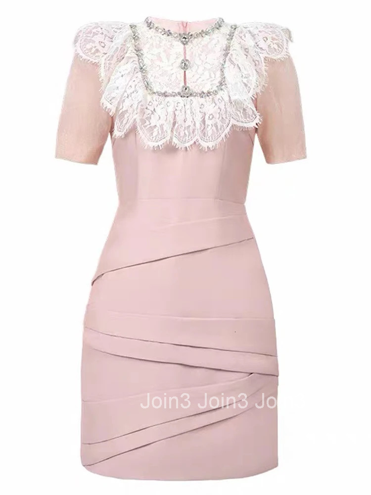 New Summer Fashion Pink Sweet Elegant Luxury Evening Dress Women Clothes Lace Splic Short Sleeve Slim Party Prom Vestidos Fiesta