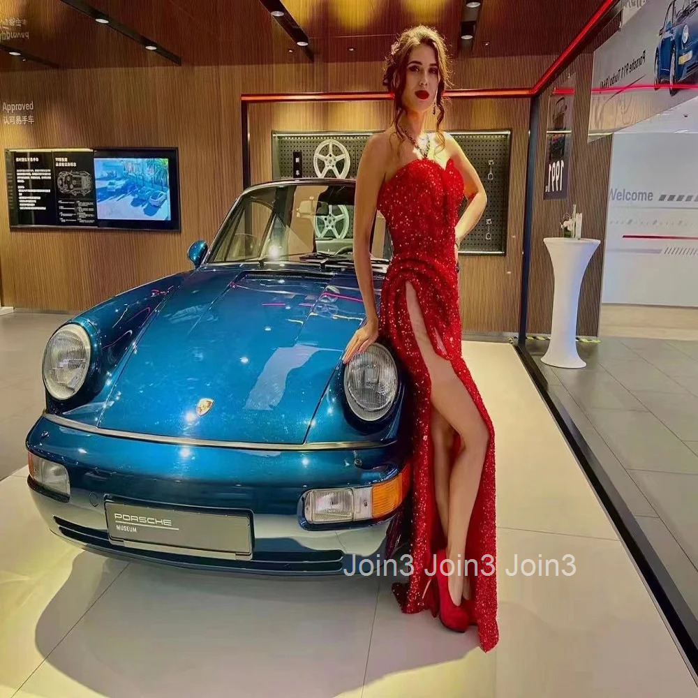 Summer Womens New Red Sequin Sexy Dress Temperament Fashion Elegant Banquet Performance Ceremony Long Fishtail Slimming Skirt