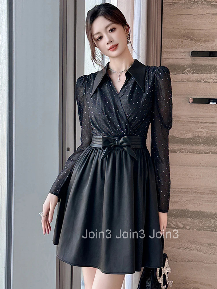 Autumn Casual Black Fake 2 Pieces Shirt A-Line Short Dress Women Clothes Elegant Sweet Bow Sexy Lapel Puff Sleeve Slim Vestidos