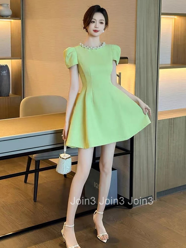 Women Clothes Sweet Pearl Puff Sleeve Slim A-Line Mini Short Dress Elegant Luxury Fashion Evening Party Prom Vestidos Casual New