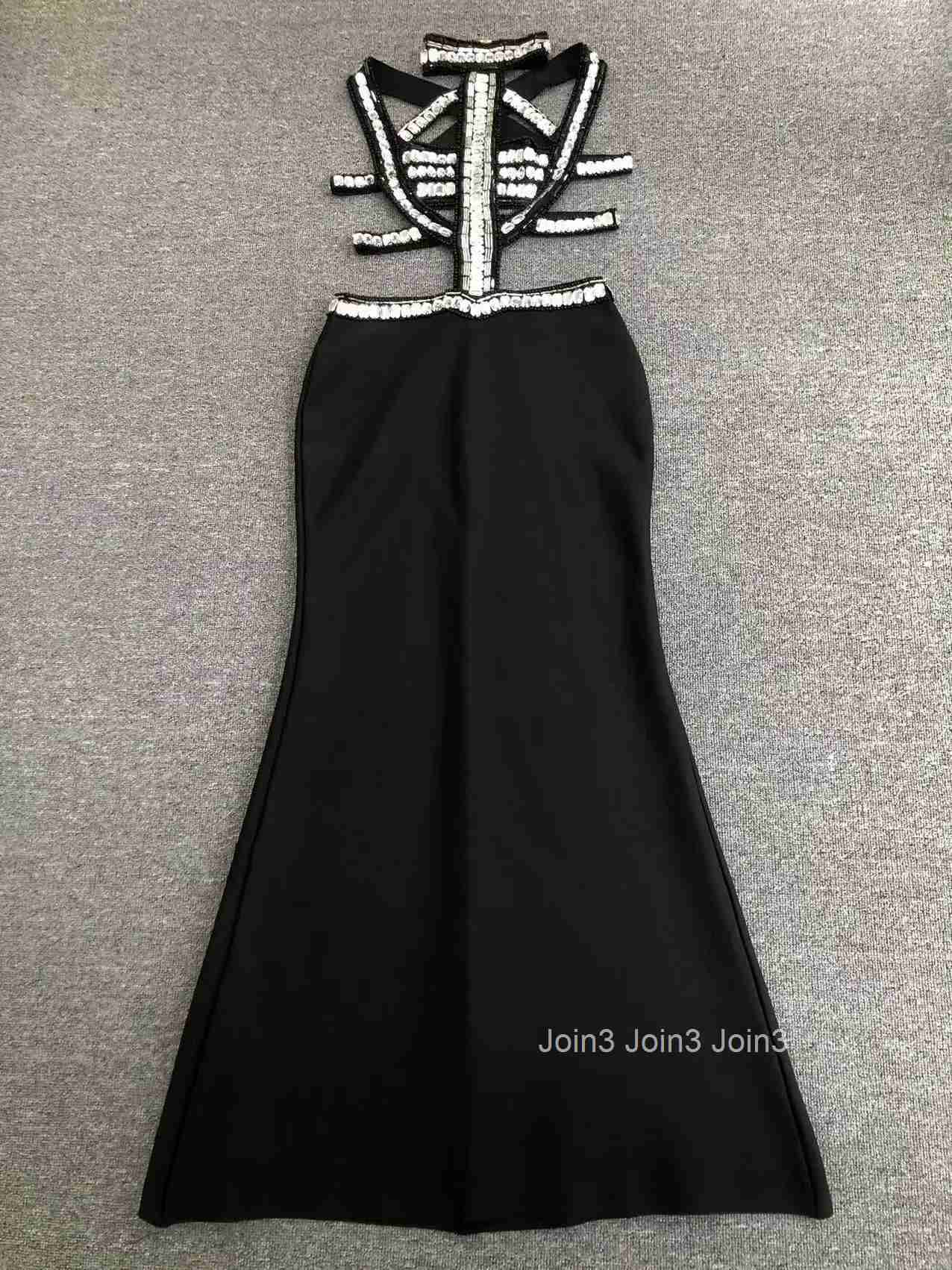 New Style Autumn Diamonds Decoration Long Skirt Sexy Hollow Out Slim Fit Black Bandage Dress For Women Chic Cocktail Party Gown