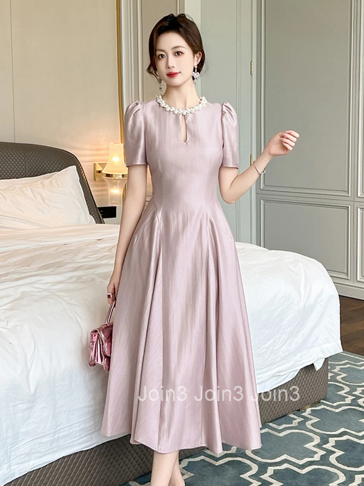 Summer Fashion Elegant Solid Vacation Evening Dress Women Clothes Pearl Hollow O-Neck Slim Midi Robe Party Prom Vestidos Fiesta