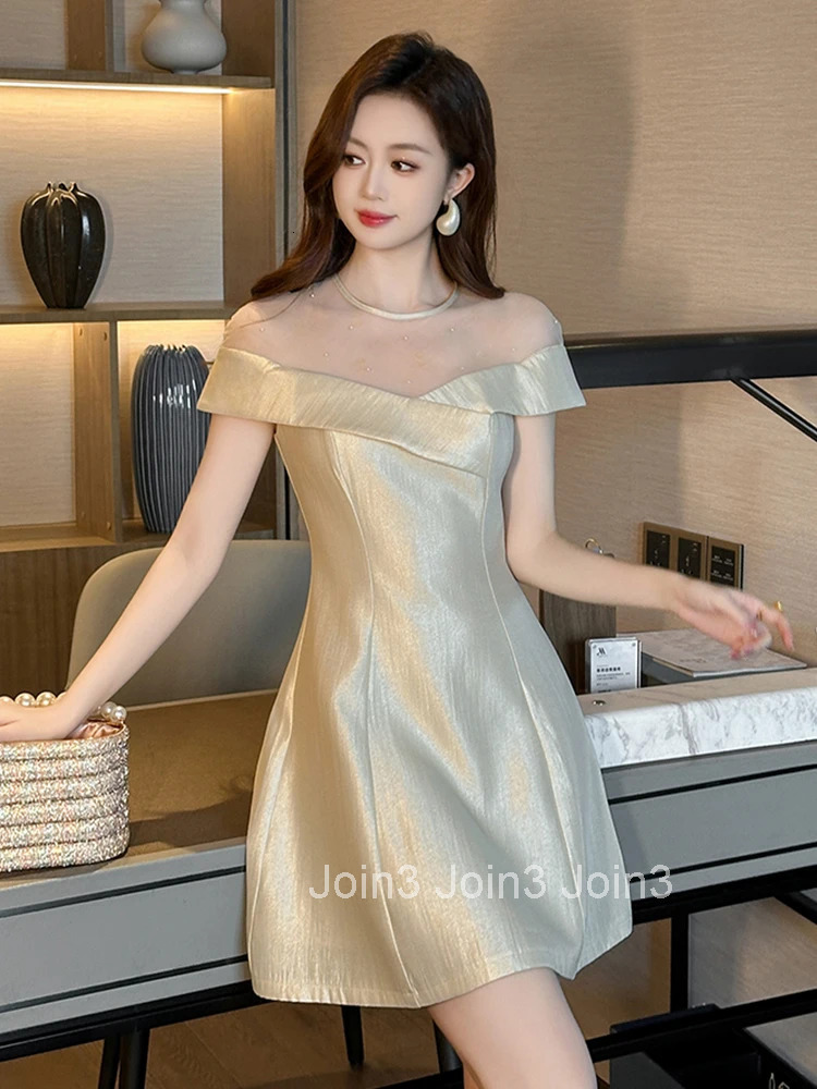 New Summer Retro Satin Short Sleeve Gown Evening Dress Women Clothes Mesh Sheer Sexy O-Neck Slim A-Line Short Party Prom Vestido
