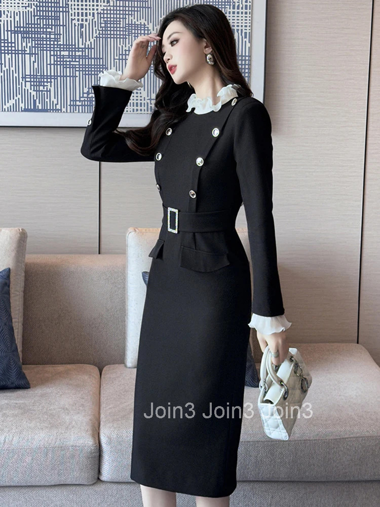 Women Clothes Vintage Black Ruffle Stand Neck Belt Slim Midi Pencil Dress Elegant Commute Fashion Party Vestidos Formal Occasion
