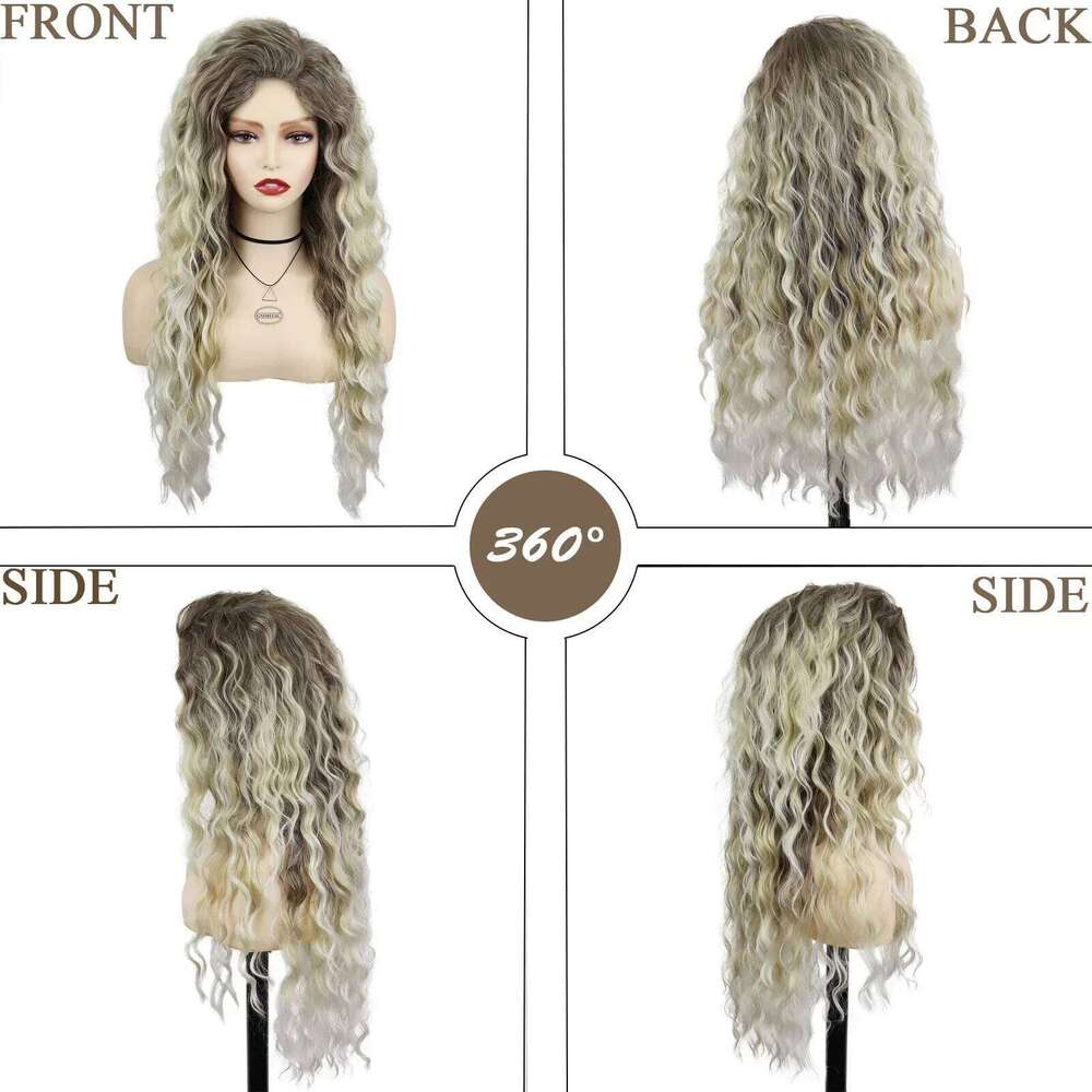 Synthetic Womens Long Hair Ash Blonde Curly Female Natural Wavy Drag Queen Regular Wig 80s Brown Ombre Wigs for Girls