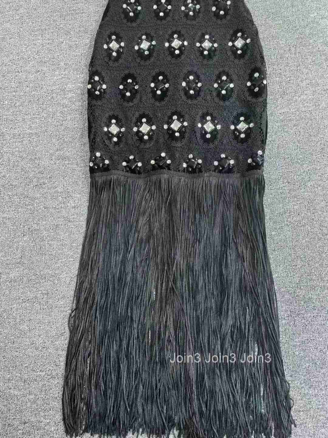 Winter Outfits Womens Fashion Luxury Diamonds Decoration Tassel Design Sleeveless Long Elegant Evening Party Gown Bandage Skirt