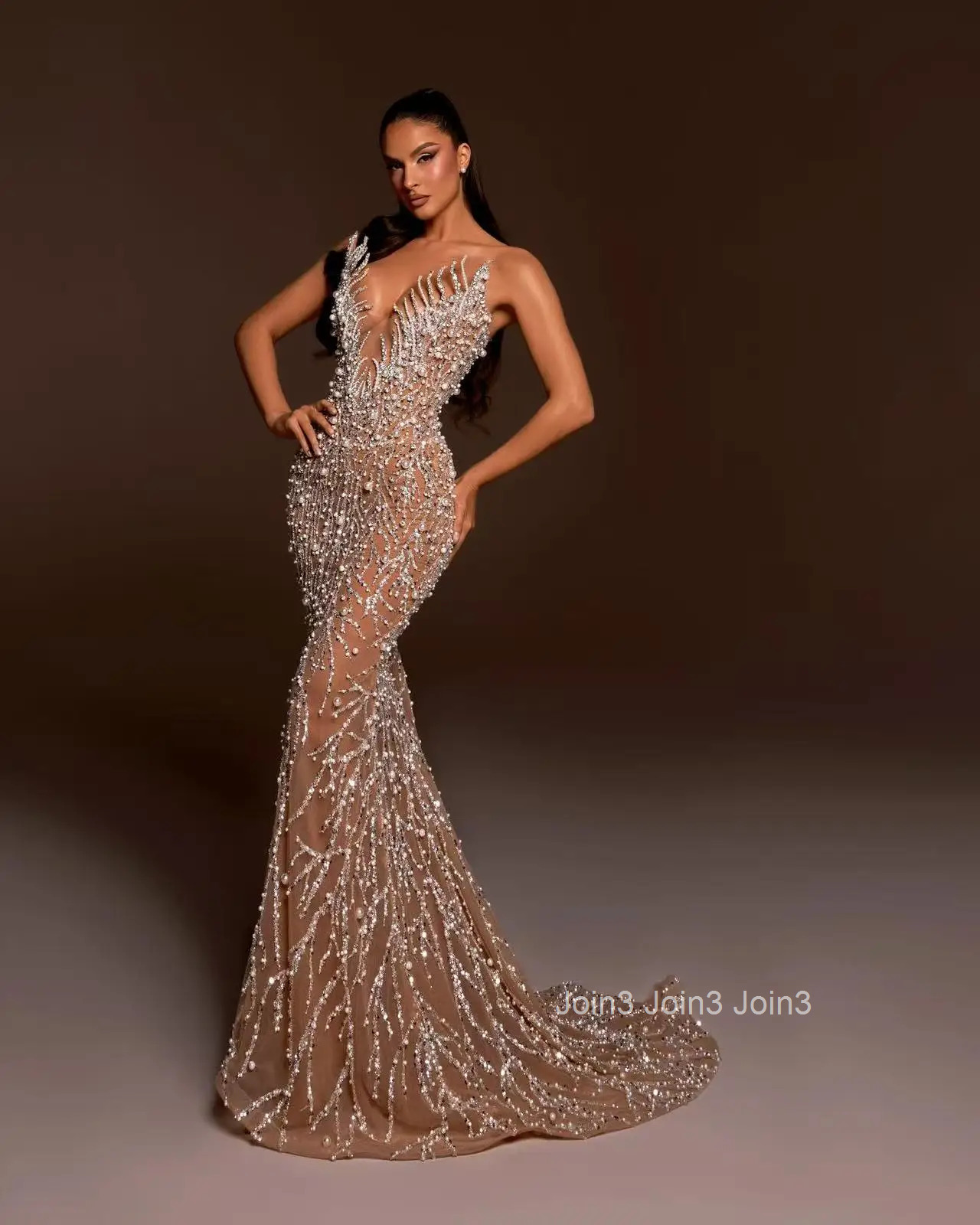 Womens Gold Sequin Bandage Dress Strapless Sheer Tulle Mermaid Evening Gown Beaded Embroidery Deep V Backless Fishtail Formal P