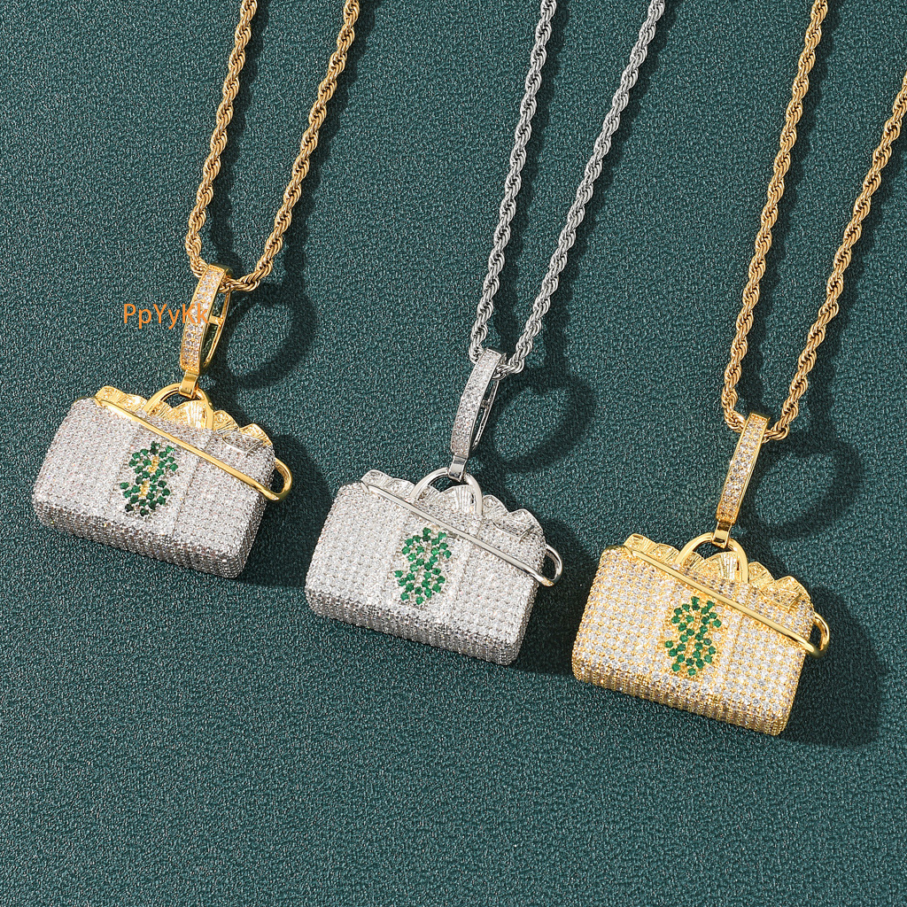 New Arrival Moissanite Necklace with Diamond encrusted Hip Hop Dollar Pouch Pendant, Trendy and Stylish Pass the diamond tester