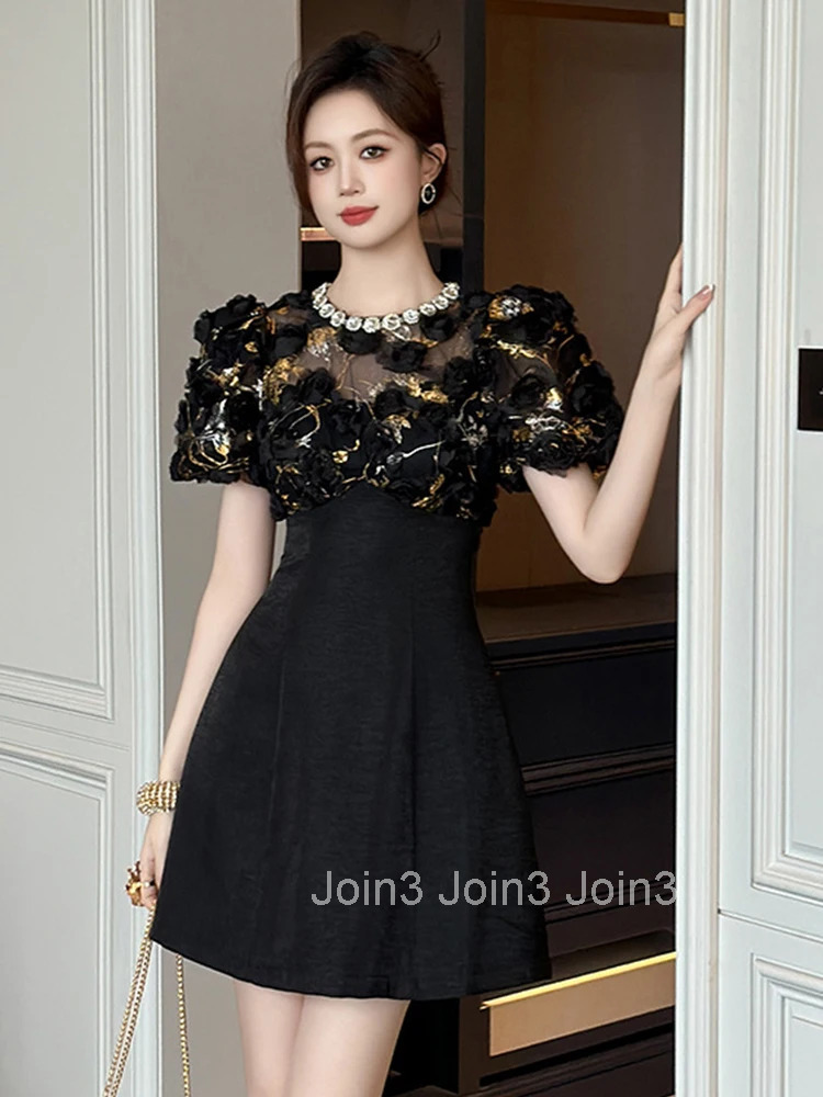 Summer Fashion Elegant Luxury Black Gown Evening Dress Women Clothes Floral Sexy Sheer O-Neck A-Line Short Party Prom Vestidos