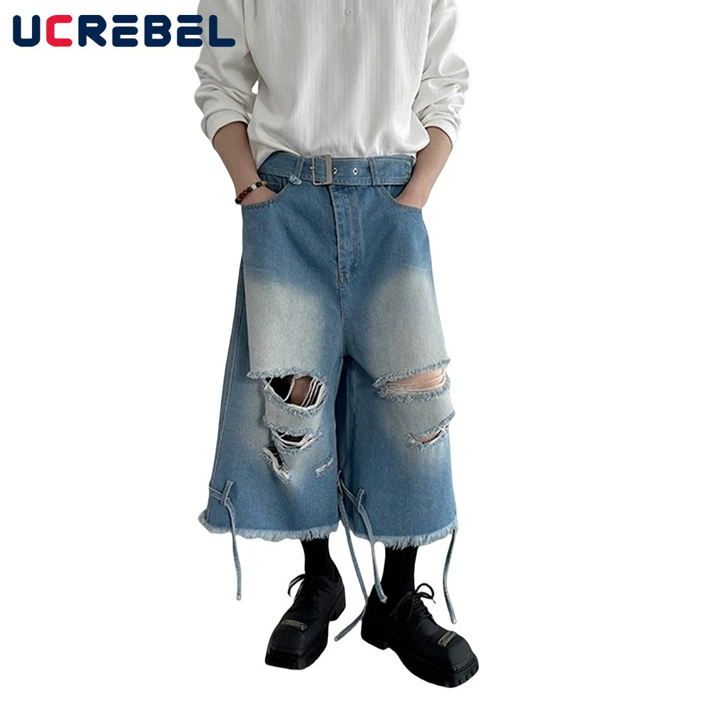 Ripped Raw Edge Denim Shorts Mens with Belt Summer High Street Loose Wide leg Jeans Cropped Trousers Men 250616