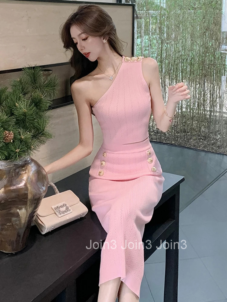 New Fashion Sweater Knitted Stretchy 2 Pieces Outfits Women Clothes Sexy One Shoulder Cropped Tops And High Waist Midi Skirt Set