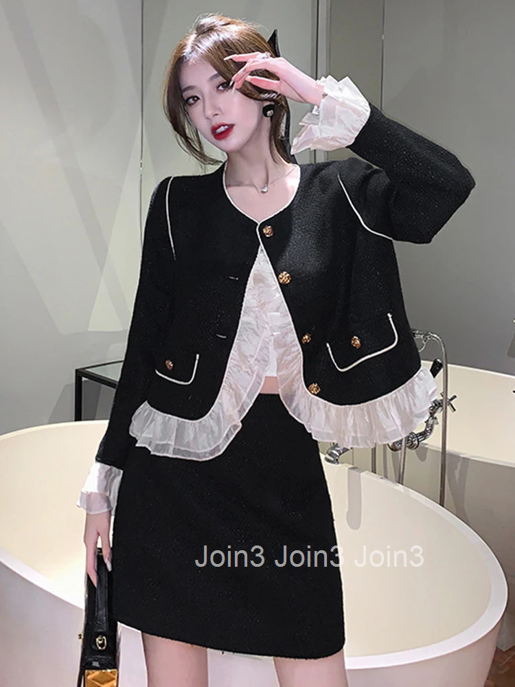 New Fashion Black Tweed 2 Pieces Outfit Women Ladies Sweet Ruffle O-Neck Coat Tops Jacket Outwear And Mini Skirt Mujer Short Set