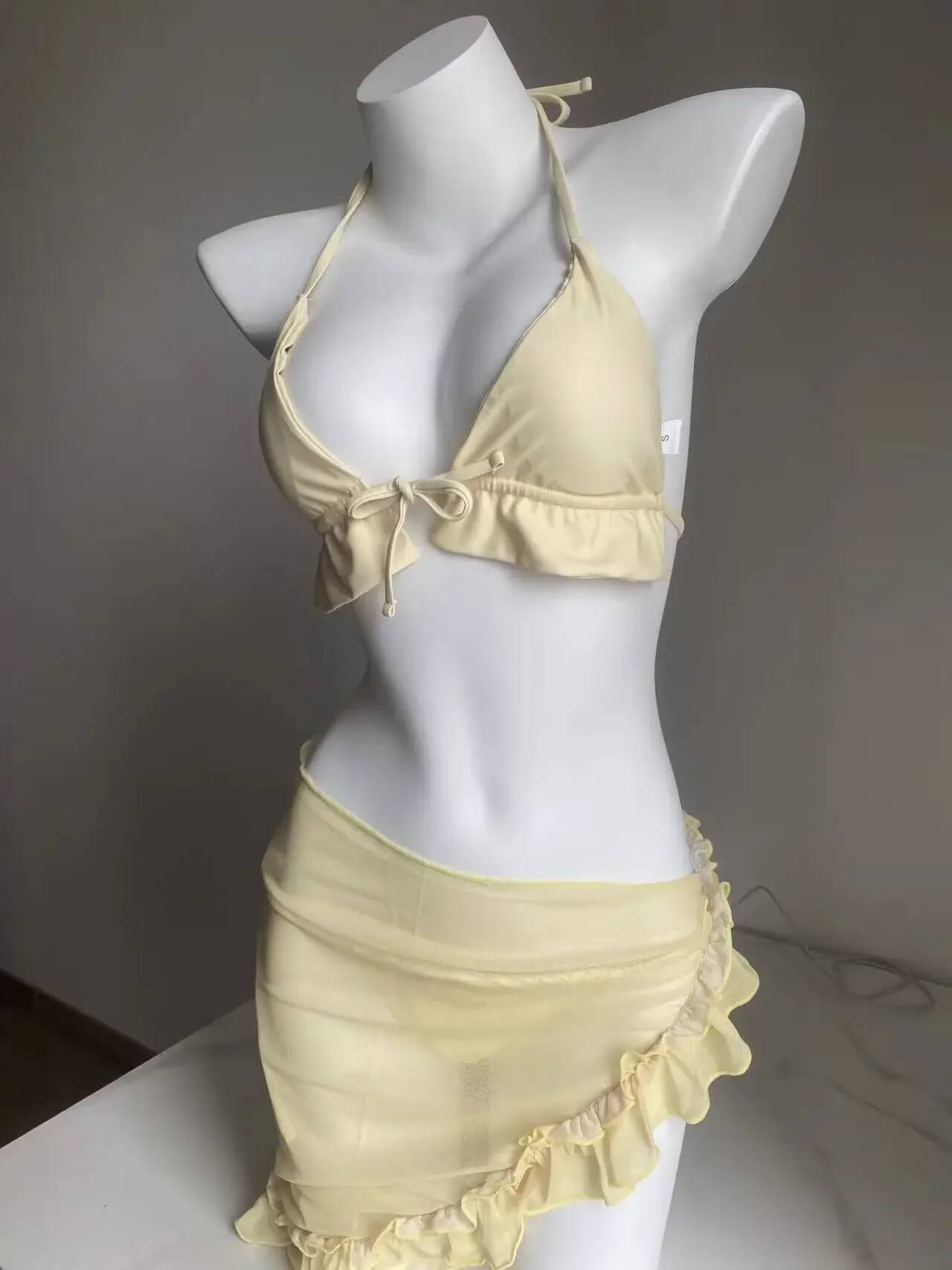 Lady's Summer New Yellow Lilac Bikini 3 PCS Swimsuit With Mesh Short Beach Sarong Swimwear Biquini Beachwear Outfit