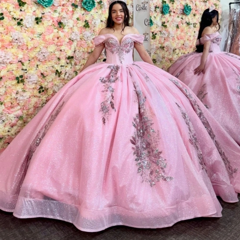 Pink Shiny Ball Gown Quinceanera Dresses Sequin Applique Lace Beading Crystal Tull Sweet 16 Dress Vestidos De 15 Anos