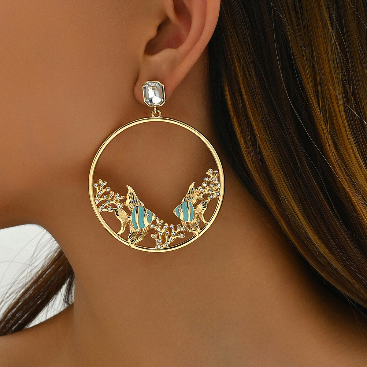 Minimalist Fashion Style Women's Little Fish Design Inlaid Stud Electroplated Drop Earrings