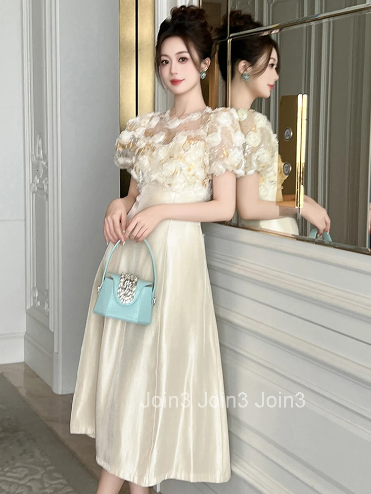 Summer Casual Sheer Sexy O-Neck Evening Dress Women Clothes Sweet Floral Puff Sleeve Slim Midi A-Line Robe Party Prom Vestidos