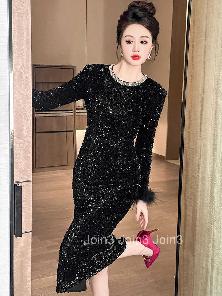 Women Clothes Formal Occasion Sparkly Sequin O-Neck Skinny Evening Dress Elegant Luxury Fashion Party Prom Vestidos Casual New