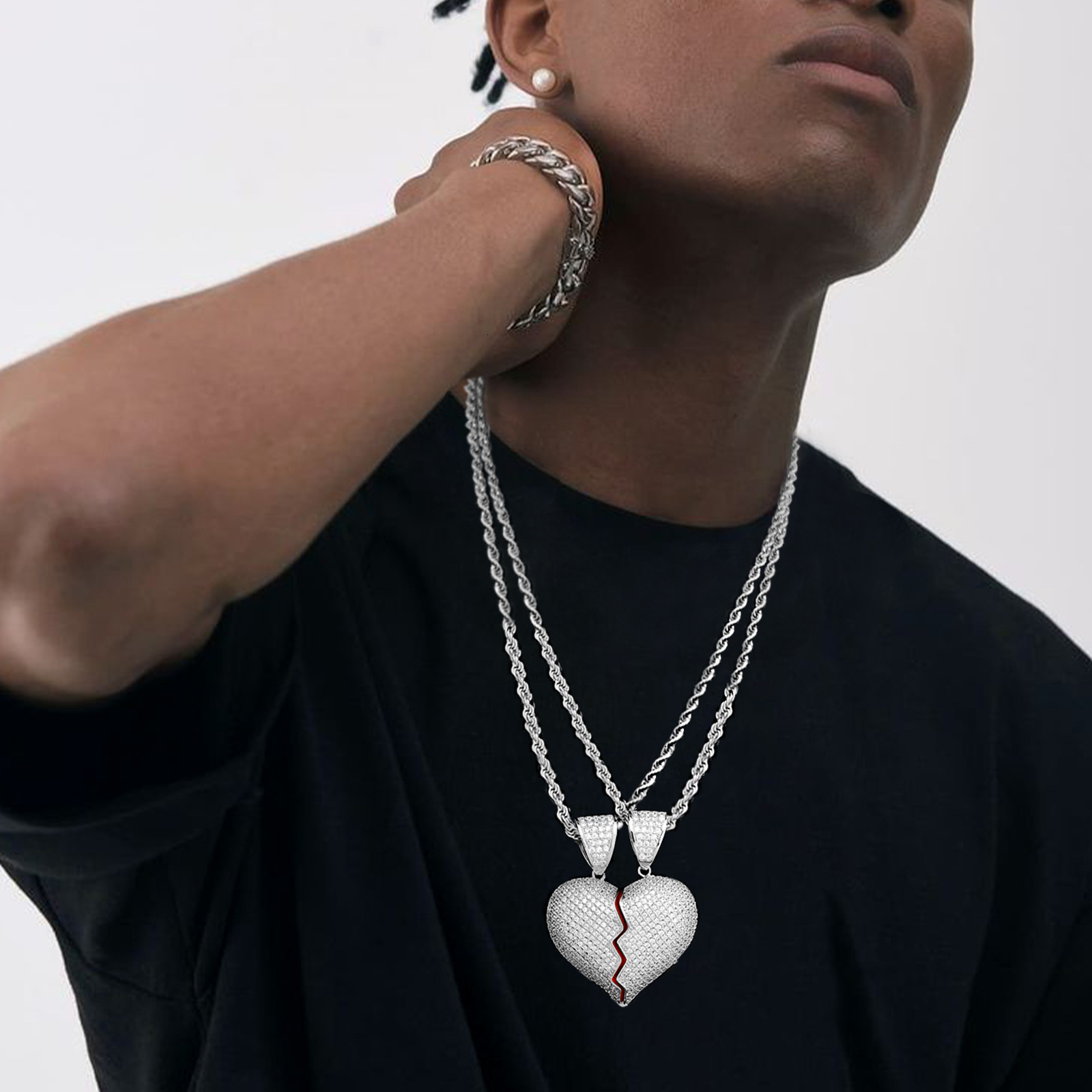 Hip Hop Broken Heart Shape Pendant Diamond Inlaid Unique Trendy Fashion Bling Bling Statement Necklace