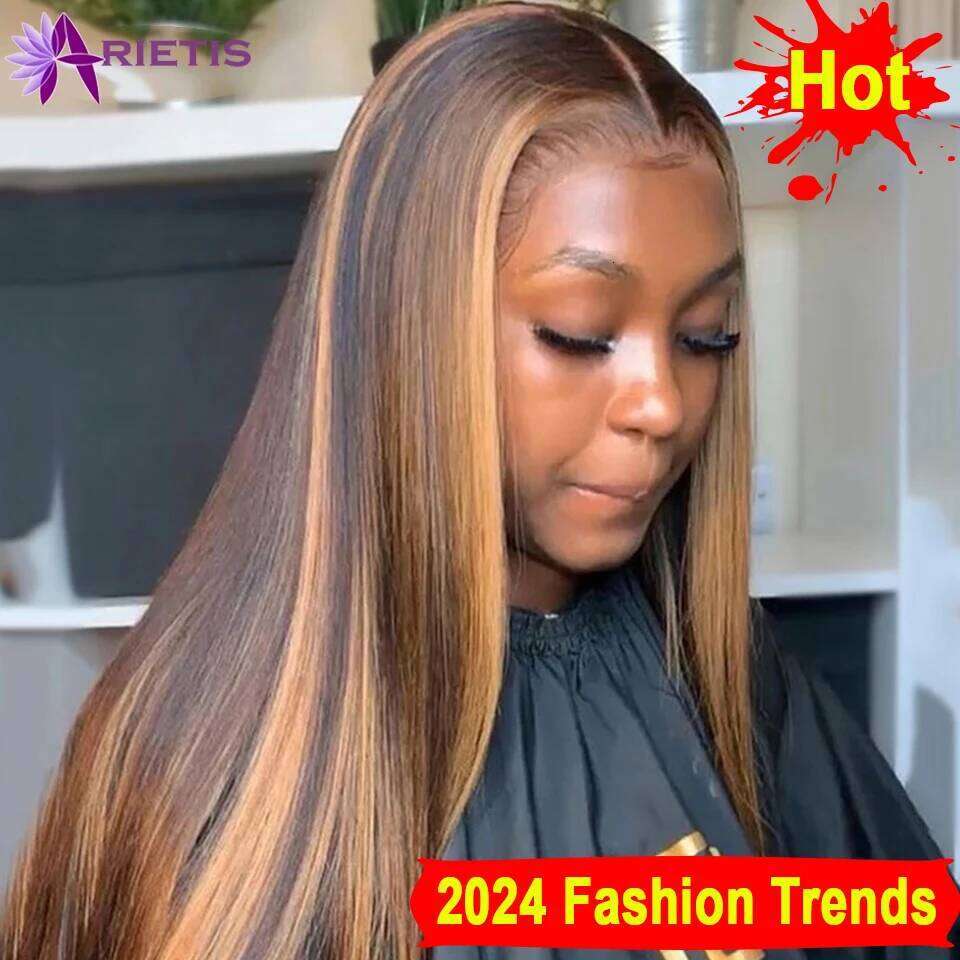 30 32 Inch Highlight Ombre Frontal Wig Straight Human Hair P4/27 Colored 13x4 4x4 Lace Closure Wigs For Women