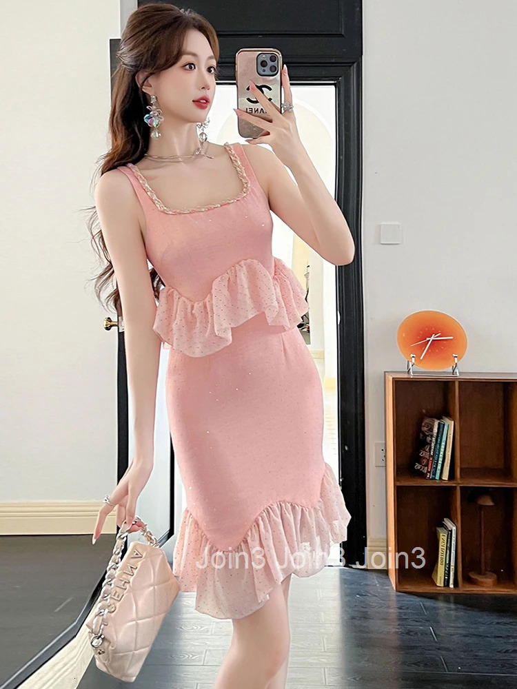 New Summer Fake 2 Piece Pink Sweet Luxury Sparkly Evening Dress Women Clothes Ruffle Sexy Sling Slim Party Prom Vestidos Fiesta