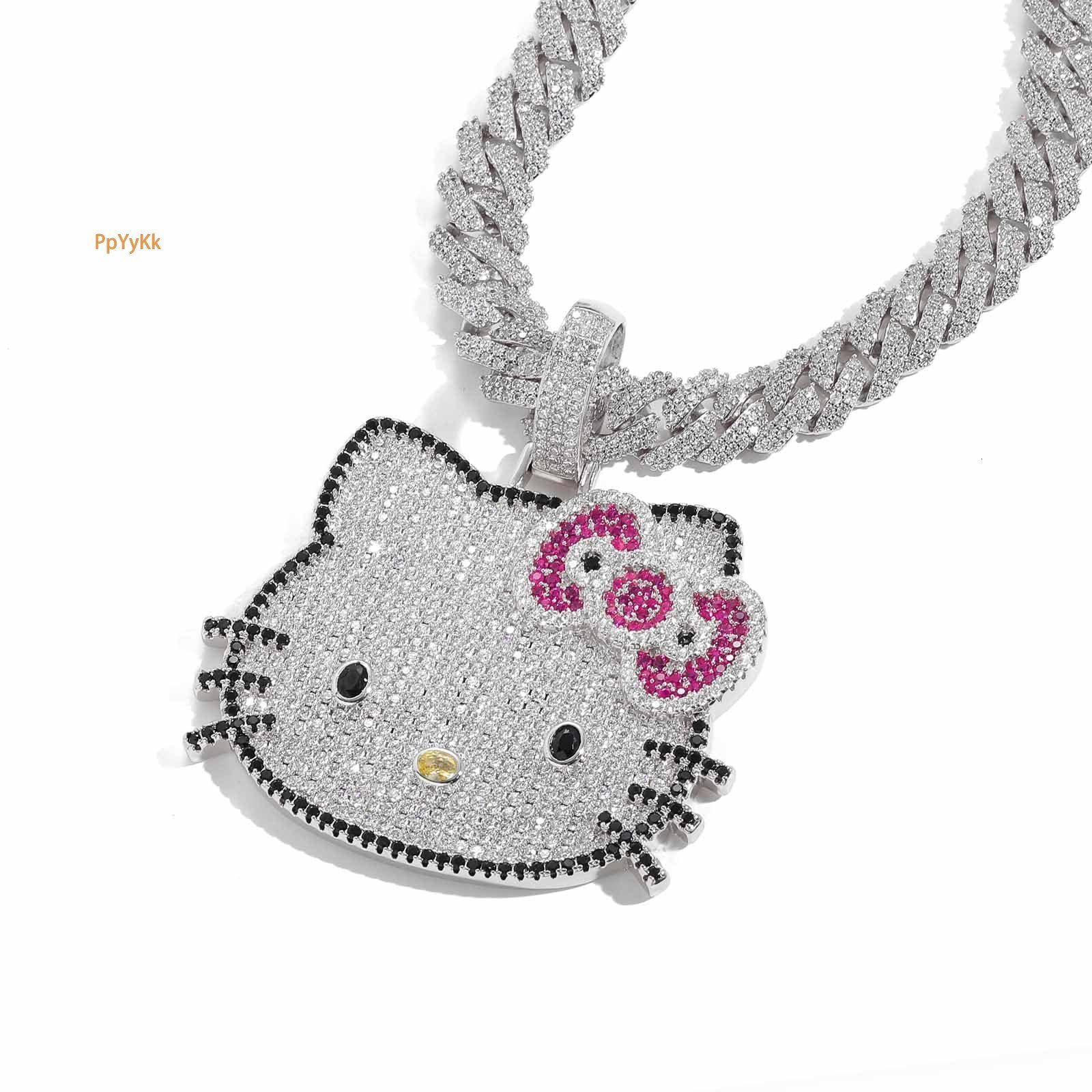 New Moissanite Hip Hop Solid Kitty Pendant Necklace with Pink Diamonds Cute Animal Theme for Men and Women Pass the diamond tester