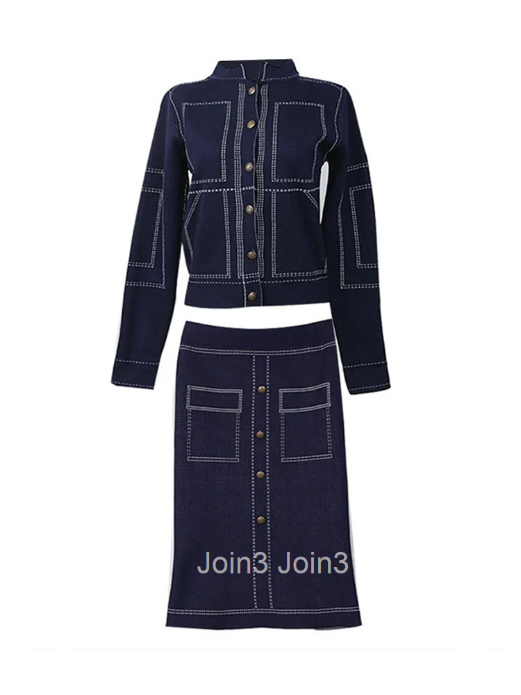 New Korean 2 Pieces Outfits Elegant Women Temperament Formal Casual Single Breasted Coat Tops Sweater High Waist Midi Skirt Sets