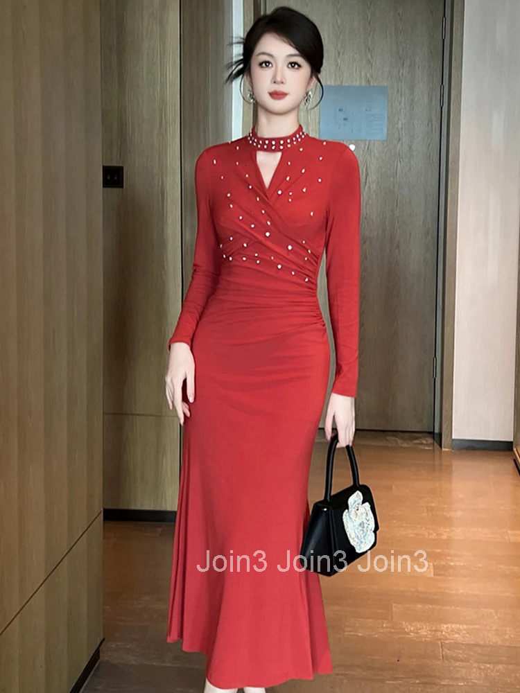 Women Stretchy Clothes Hollow Sexy Stand Neck Skinny Midi Fishtail Dress Elegant Ladies Commute Fashion Party Vestidos Robe New