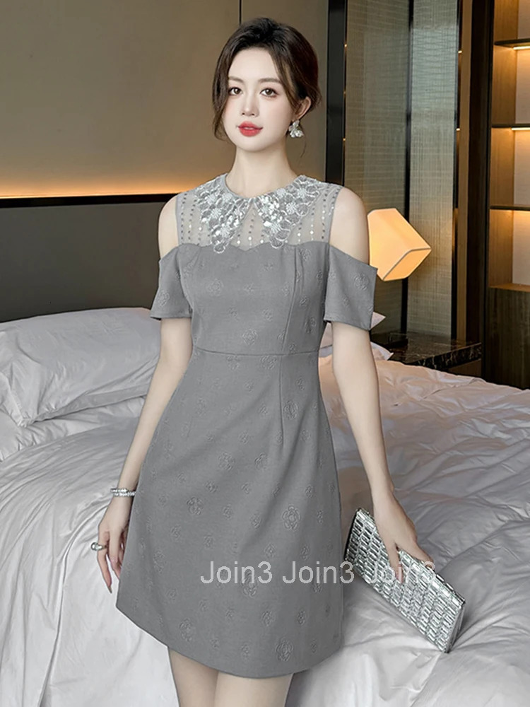 Women Clothes Silvery Sequin Sexy Off-Shoulder Slim A-Line Mini Short Dress Elegant Luxury Fashion Evening Party Prom Vestidos