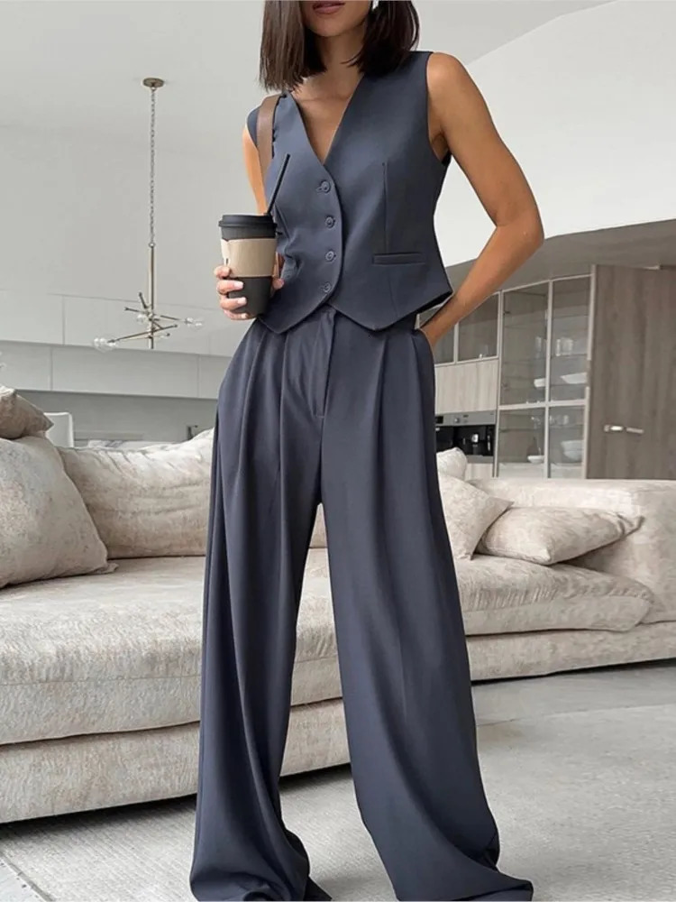 casual sleeveless suit set office lady spring summer elegant slim vneck blazer tops pants two piece women outfit 2024 250616