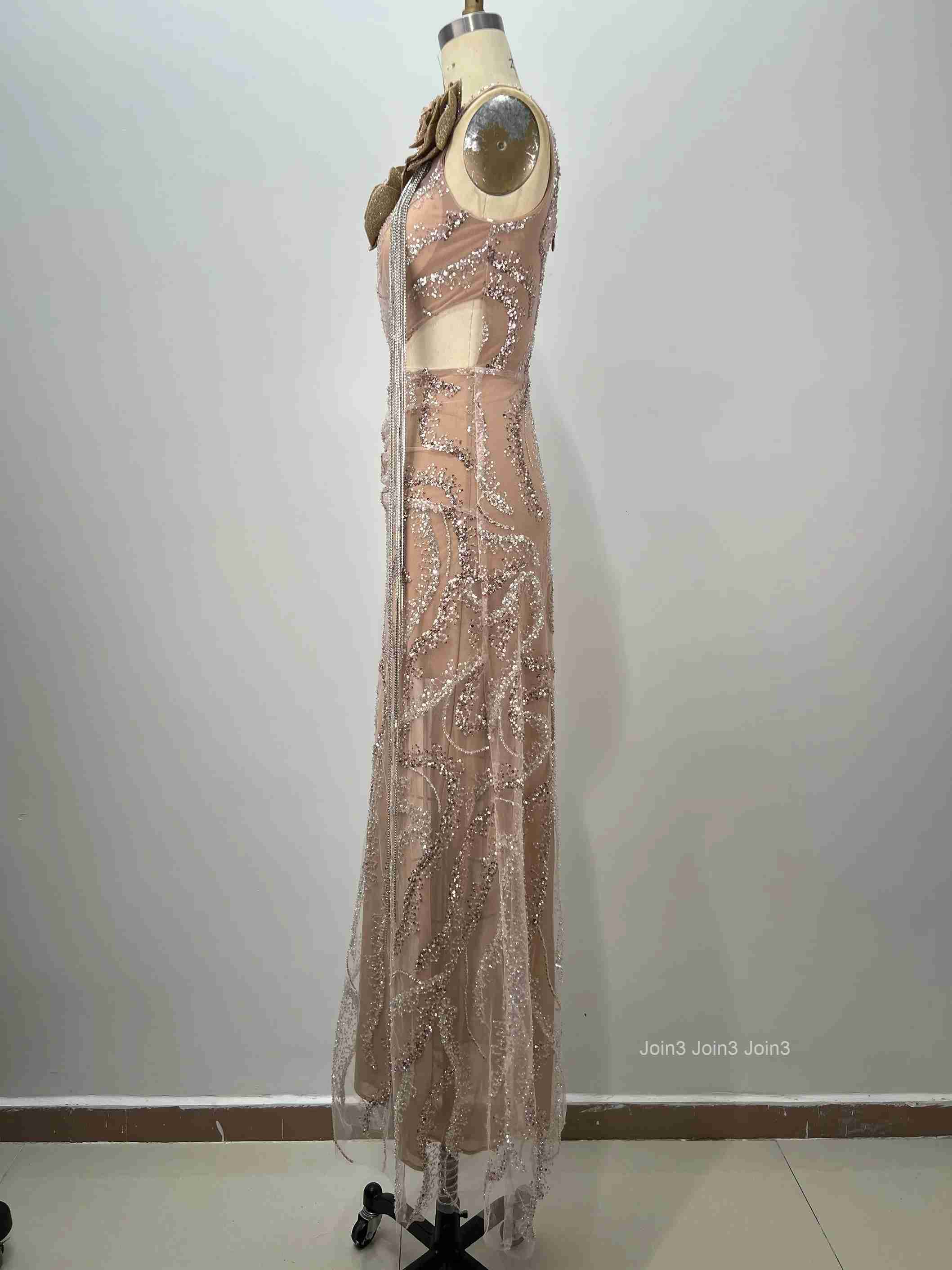 Womens Apricot Bandage Dress One Shoulder Sequin Beaded 3D Floral Appliques High Slit Fitted Floor-Length Evening Gown
