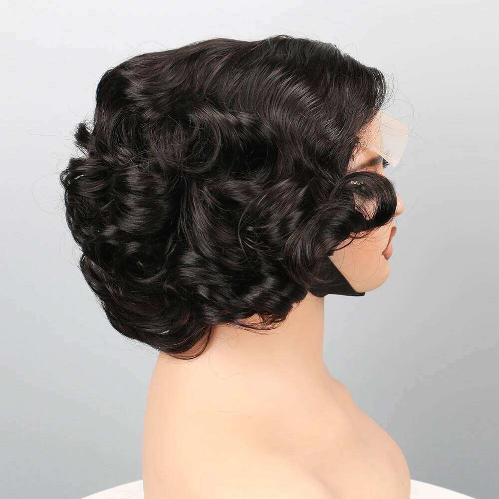 Layered Haircut Wavy Human Hair Bob Pre Cut Glueless HD Lace Clousre Wig Side Parted Short Bouncy Curly Frontal Wigs