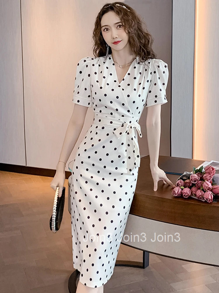 Summer Elegant Office Women Wrap Dress Formal Chic Satin Vintage Dot V-Neck Slim Midi Pencil Party Mujer Vestidos Street Clothes