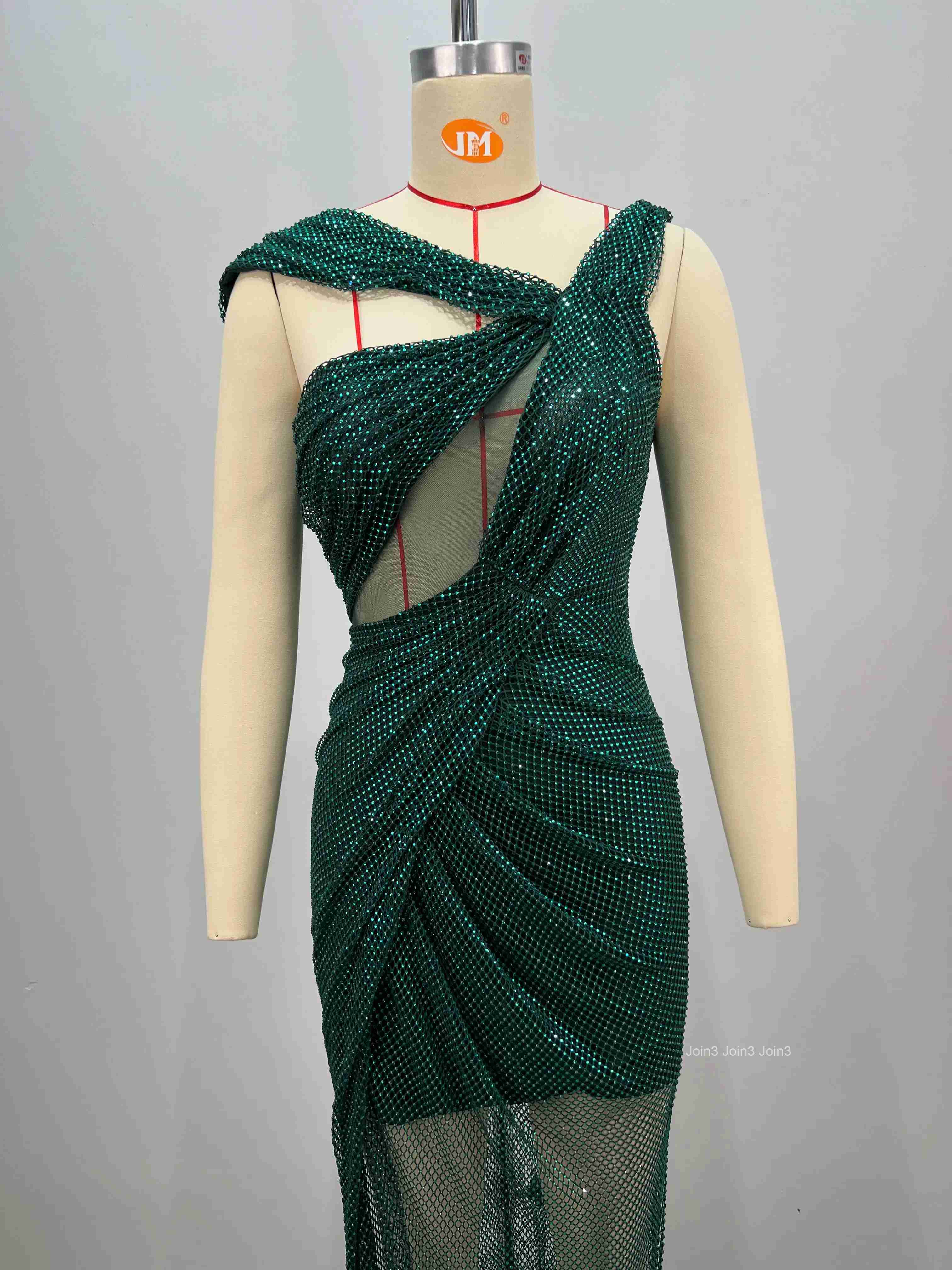 Womens Dark Green Sequin Asymmetric Bandage Dress Cross Back Cut-out Mermaid Evening Gown Sheer Tulle Formal Party Dress