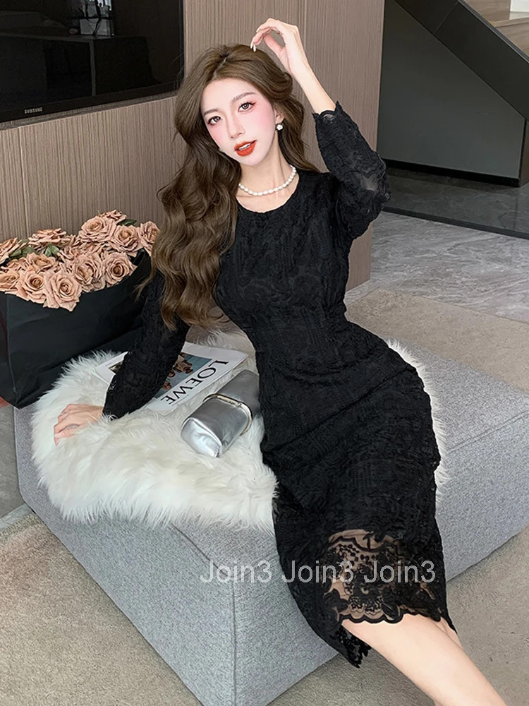 Spring Autumn Fashion Sweet Lace Embroidery A-Line Long Dress Women Clothes Elegant Vintage Puff Sleeve Slim Vestidos Robe Femme