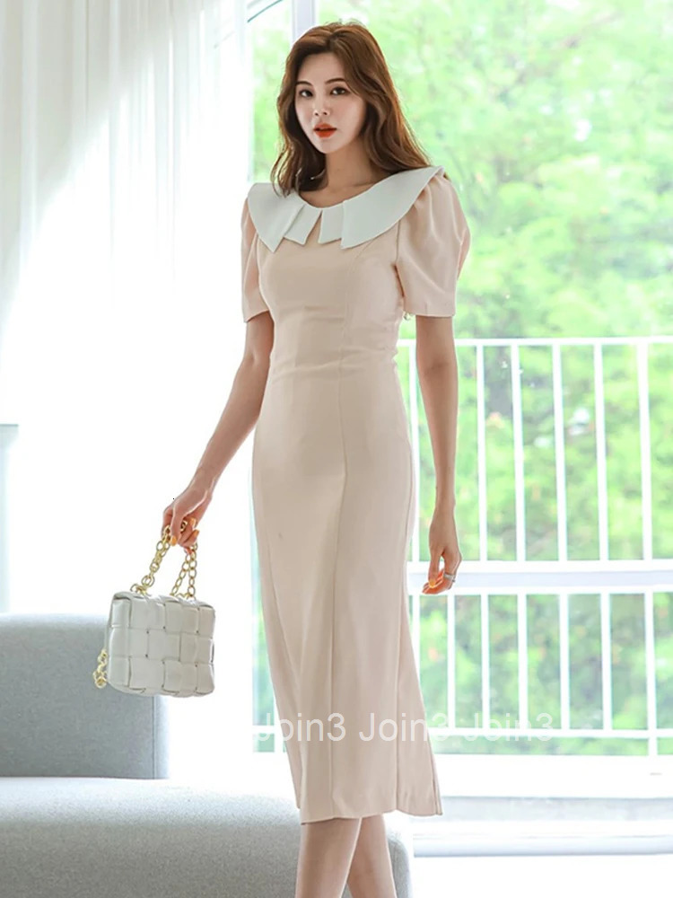 New Summer Fashion Sweet Work Style Formal Pencil Dress Women Clothes Casual Elegant Lady Vintage Puff Sleeve Midi Robe Vestidos