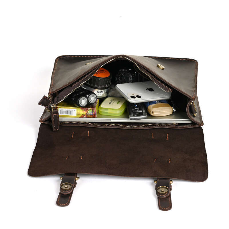 Crazy Horse Leather Men's Business Handheld Briefcase Top Layer Cowhide Single Shoulder Crossbody Large Capacity Laptop Bag