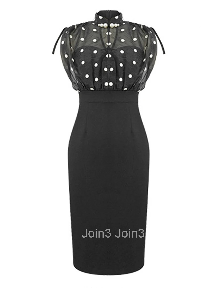 Women Clothes Fake 2-Piece Vintage Black Dot Print Short Sleeve Slim Pencil Dress Elegant Commute Formal Occasion Vestido Casual