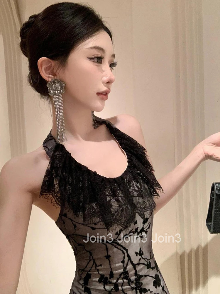 Women Clothes Retro Black Lace Ruffle Sexy Halter Backless Slim Evening Long Dress Elegant Fashion Party Prom Vestido Robe Beach