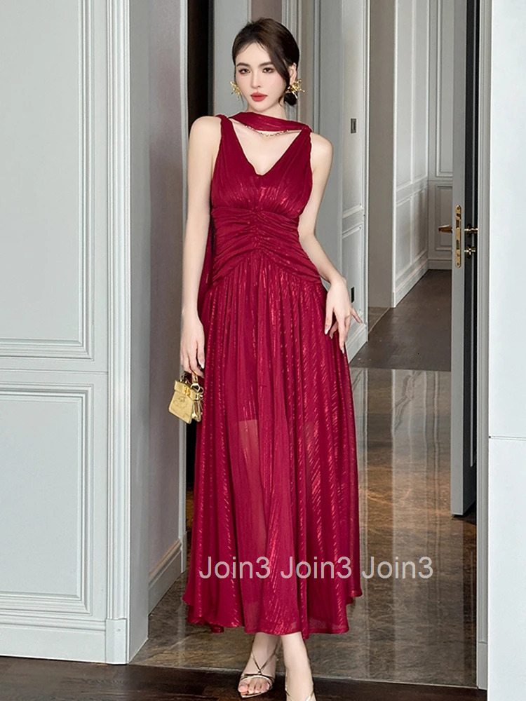New Summer Chiffon Bright Silk Red Gown Evening Dress Women Clothes Elegant Sexy Tank V-Neck A-Line Maxi Robe Party Prom Vestido