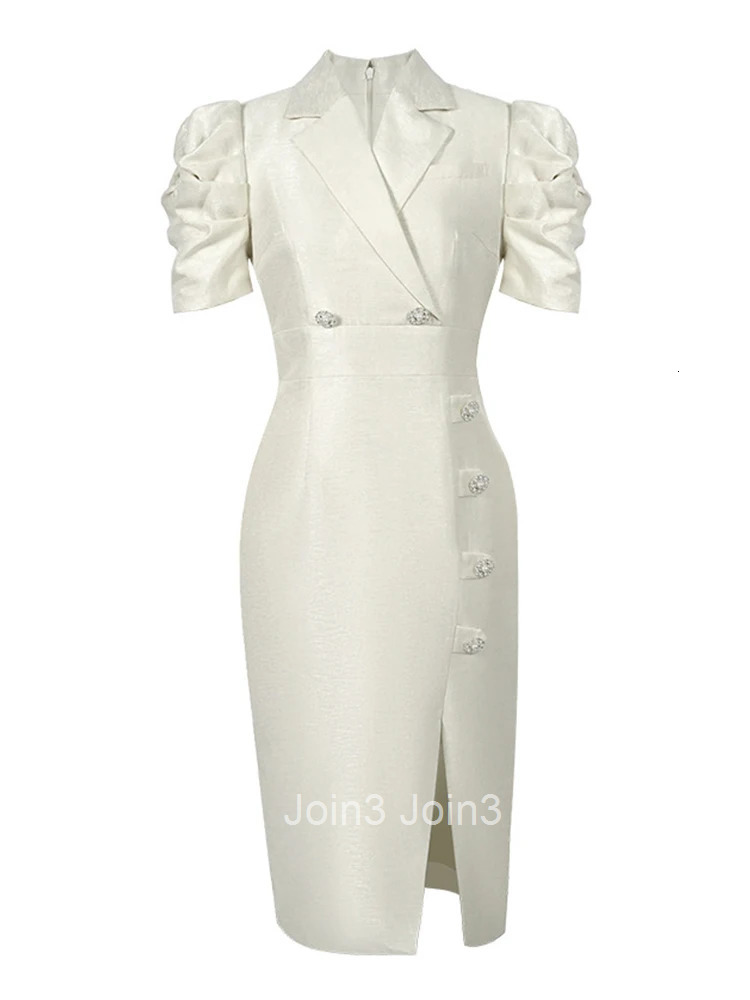 New Summer Fashion Formal Occasion Blazer Pencil Dress Women Clothes Elegant Office Vintage Puff Sleeve Slim Slit Midi Vestidos