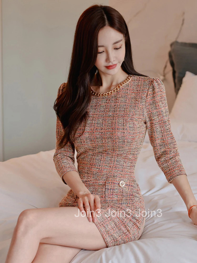 New Autumn Winter Elegant Short Dresses For Women Lady Formal Tweed Retro Sexy O-Neck Wrap Hip Mini Mujer Vestido Street Clothes